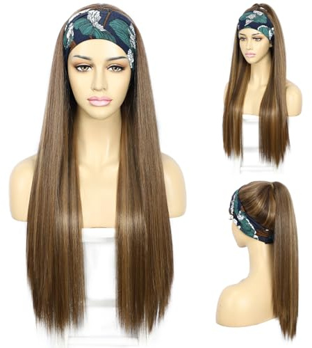 Sapphirewigs Banda de peluca de cabello liso para mujer. Peluca sintética marrón castaño. Banda de pelucas con reflejos. Uso diario. Resistente al calor. 66 cm