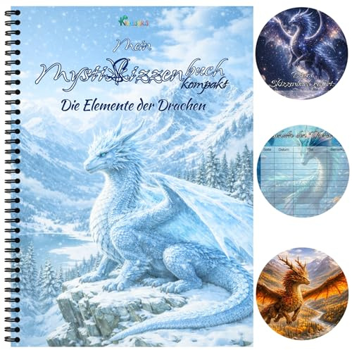 Krakelsaurus Skizzenbuch Drachen A5 für Kinder & Erwachsene – mit Inhaltsverzeichnis, Zeichenblock mit Spiralbindung, Malblock 60 Blatt mit 2 Papierstärken: 120g (Buntstift) & 210g (Filzstift/Pinsel)