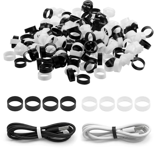 JJUNW 200 PCS Silicone Rubber Bands, 0.5 Inch Small Elastic Rubber Bandsb | Mini Silicone Cable Ties Reusable Flat Cable Ties for Wire Cord Management Home Office School Organization (Black White)