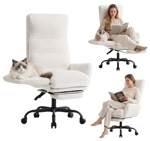 Submi Silla Oficina Grande y Alta, Silla Escritorio Ergonomica con Reposapies, 145° Silla Reclinable, Silla Piernas Cruzadas con Reposabrazos Abatibles, Felpa de Pelo Rizado, para Oficina Casa, Beige