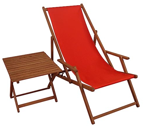 Resistente Sedia a Sdraio Rossa in Faggio con braccioli e tavolino da Spiaggia 10-308T