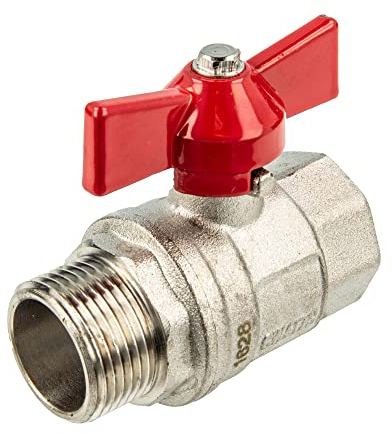 tecuro Valvola a sfera, filettatura interna x esterna G 1 pollice (DN 25), passaggio completo, maniglia ad ala rossa, ottone CW 617 N