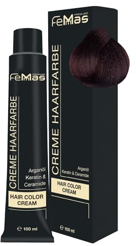 FemMas teinture pour cheveux Cuivre brun moyen 4.4 I Crème colorante professionnelle à l'huile d'argan, kératine et céramides I Coloration permanente ou teinture pour des résultats durables I 100 ml