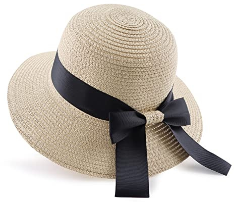 Zsedrut Girl Straw Sun Hat Summer Beach Cap Foldable Visor Floppy Hats Wide Brim with Strap,Big Bowknot,Adjustable Size (Beige,2-4 Years)