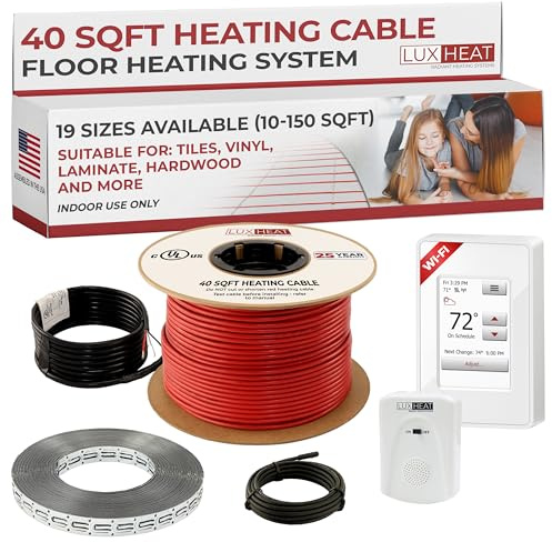 LuxHeat 40sqft Floor Heating Cable Kit - 120v In Floor Heating System - Heated Flooring System Includes UWG4 WiFi Programmable Thermostat w/GFCI, Heater Cable, Strapping, Flooring Sensor & Alarm