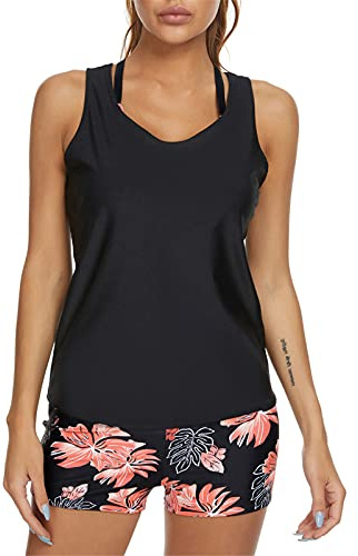 JASAMBAC Bathing Suits for Women Tummy Control Retro Leaf Floral Printed Sport Athletic Swimsuits Black M