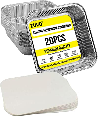 Zuvo Large Disposable Aluminium Foil Trays Containers with Paper Lids 22 x 22 x8 cm, Takeaway Containers Good for Baking Roasting Broiling Cooking Food Storage (20 Trays and Lids) (Packaging May Vary)