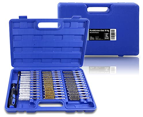 ENVA Rundbürstensatz 38TLG. aus Messing Stahl Kunststoff Reinigungsbürsten für Zylinder Rohre und Buchsen Drahtbürsten Kompatibel mit Bohrmaschinen und Druckluftbohrern