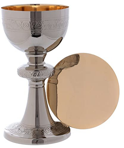 Holyart Calice et patène Noeud décoré Laiton argenté Brillant intérieur Or