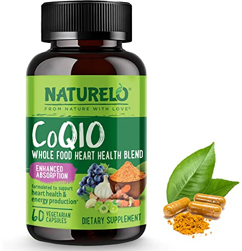 NATURELO Whole Food CoQ10 Supplement, 60 Veg Capsules, Heart Health Blend, Powerful Antioxidant, CoQ10 100mg for Energy Production