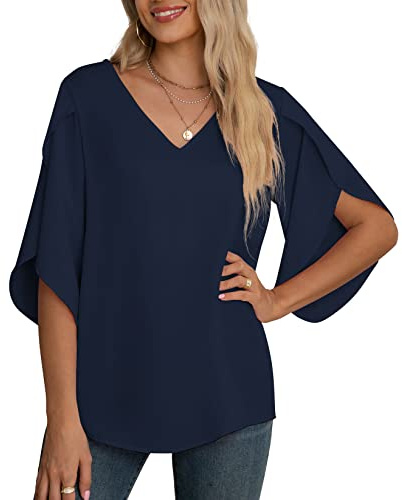 Yommay Chiffongblus för kvinnor damtoppar elegant ledig lös 3/4 veckad delad ärm V-hals sommarblus t-shirts, marinblå, L