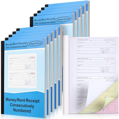Crtiin 10 Sets Money and Rent Receipt Books 3 Part Carbonless, 7-5/8 x 10-7/8 Bound Cover, Receipt Log Book 25 Sets Per Book 4 Receipts Per Page