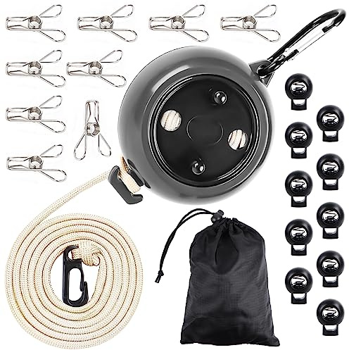 Wäscheleine Ausziehbar, Mit 10 Halteschnallen und 20 Wäscheklammern, Wäscheleine Camping Tragbare Reise Urlaub Outdoor/Indoor, Zubehör Gadgets für Waschküche Balkon Garten Camping Wohnmobil