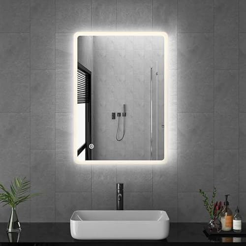 Goezes LED Badspiegel mit Beleuchtung 50x70cm, Badezimmerspiegel 3 Lichtfarbe Dimmbare 3000-6500K Rechteckiger Wandspiegel Badezimmer Spiegel, Wandmontage Schminkspiegel mit Touchschalter