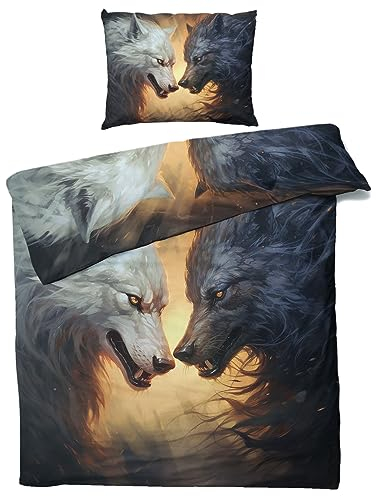 MOBEITI Wolf Motiv Bettwäsche 135x200, Schwarz Weiß Fantasy Wolfsmotiv Wendebettwäsche, Weiche Kuschelige Mikrofaser Bettbezug Set 2teilig, 1 Kissenbezug 80x80, mit Reißverschluss