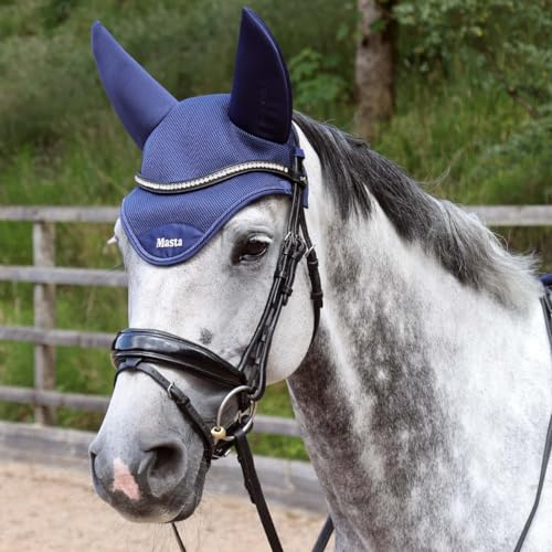 Protechmasta Airmesh Fly Veil with Soundproof Ears - Ceramic Infused FIR Lining, Breathable & Lightweight - Encourages Calm & Focus in Horses - Hook & Loop Fastening - Navy Blue - FULL