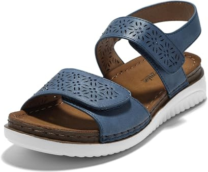 JOMIX Sandalias Mujer Verano con Banda Ajustable Sandalias Planas Mujer de Encaje Plantilla Ortopédica Playa Piscina Mar, Navy, 38 EU
