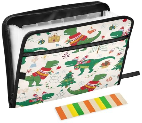 Fächermappe mit 13 Fächern, A4, Briefgröße, Papier, Akkordeon, Dokumenten-Organizer mit Reißverschluss, Büro, Arbeit, Schule, Dinosaurier, Rex, Weihnachten, Happy New Year