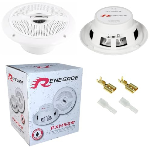 KIT Set FÜR Renegade RXM52W 2 Koaxial-Marine-Lautsprecher 2-Wege 5,25 13 cm 130 mm, 80 Watt RMS 160 Watt Max, 3 Ohm, wasserdicht Meer Pool Boot Hotel, weiß, paarweise + Montagezubehör