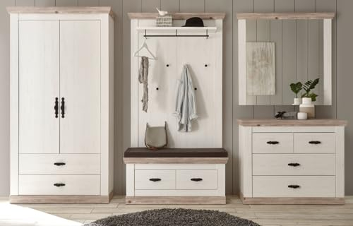 Garderobe in weiß Pinie und Oslo Pinie Landhaus Stil Flurgarderobe komplett Set 5 teilig mit Garderobenschrank, Sitzbank, Wandgarderobe, Kommode und Spiegel 341 x 201 cm Rovola (Set 1)