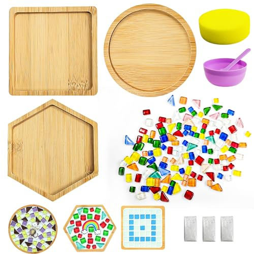Tongboke Stücke Mosaik Bastelset, Diy Set Erwachsene Kinder, mit Mosaikfliesen, Bambus-Untersetzer-Basis, Kreativität Basteln Kinder, für Handgefertigte Wohnkultur Geschenke (8)