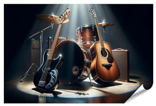 islandburner XXL Bild Poster Elektrische und Akustische Gitarren mit Trommel im Rampenlicht Premium Bilder Fotodruck