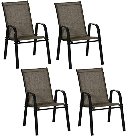 Outsunny 4 Pieces Garden Chairs, Stackable Outdoor Chairs with High Backrest and Armrest, Breathable Mesh Fabric Dining Chair Set of 4, Mixed Brown