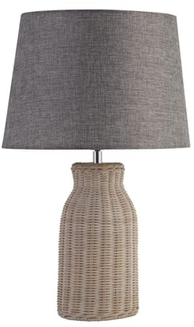 Licht-Erlebnisse Boho Tischlampe Rattan Leinen 48 cm hoch E14 Grau Natur Korb Tischleuchte Wohnzimmer Nachttischlampe Schlafzimmer