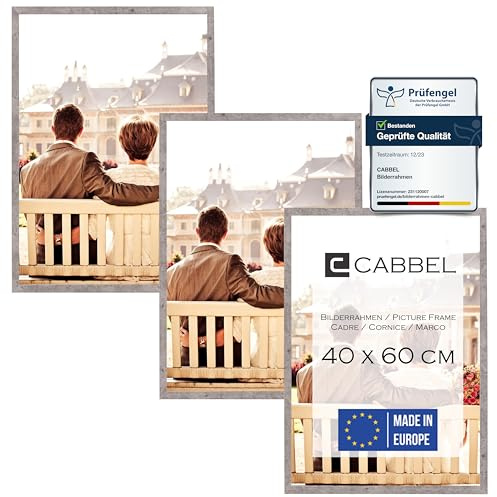 CABBEL Dreierpack (3 Stk.) Bilderrahmen 40x60 cm MDF Holz-Rahmen in Grau (Beton) | mit bruchsicherem Plexi-Glas/Modern, zum Aufhängen, ideal für Fotos/Bilder/Collage