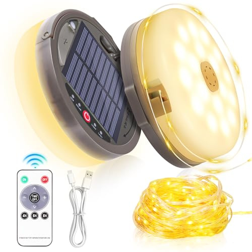 HELESIN Solar-Camping-Lichterkette, 12,8 m, 128 LEDs, Tragbare, Wasserdichte Solar-Campingleuchten, über USB-C aufladbar, mit 8 Leuchtmodi für die Dekoration von Gartenpartys