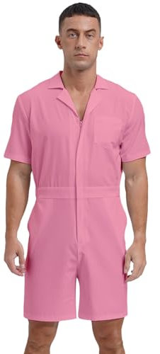 TTAO Herren Kurzarm-Overall Latzhose Arbeitskleidung Arbeitslatzhose mit Taschen Männer Mechanisch Jumpsuit mit Gürtel Zipper Maleroverall Rosa XXL