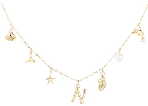 Collar de Conchas de Letras Doradas, 45cm Collar con Letras de Conchas Marinas Joyas con Colgantes Collar con Dijes de Playa de Cumpleaños para Mujeres y Niñas (N)