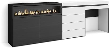 Skraut Home | Aparador | con Almacenamiento | 227x75x35 cm | Dormitorio, habitación | Chimenea eléctrica | Cómoda, Cajonera | Tocador | Estilo Moderno | Blanco
