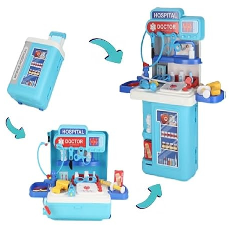 Serena & Jewel - Kit medico per stazione medica di simulazione per bambini, set 2 in 1, kit medico con tavolo e carrello