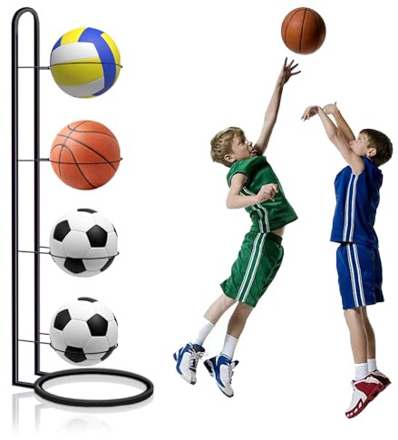 YapitHome Porta Palloni a 4 Livelli Porta Palloni da Muro in Metallo Scaffale Stoccaggio Attrezzature Sportive per Calcio Pallacanestro Pallavolo Rugby