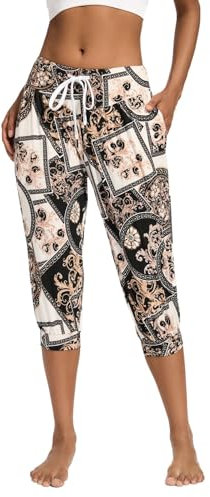 HAPYWER Haremshose Damen Kurz Yogahose 3/4 Lang Capri Sommerhose 3/4 Leicht Sporthose Strandhose Luftige Pumphose Aladinhose für Pilates Yoga S-2XL(Ethnischer Stil-1,XXL)