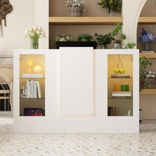 DEZAGCE Weißer Empfangstresen, Empfangstisch mit Lichtleiste, Rezeptionstheke, Empfangstheke, Rezeptionstisch, Empfangspult mit 2 Schränken und 1 Tastaturschublade, 150 x 52 x 100 cm，weiß