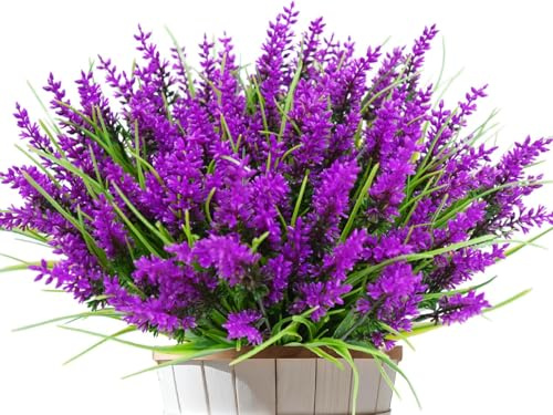 Kinisty Kunstblumen wie Echt Lavendel Outdoor Wetterfest, 12 Bündel, Lotus | Plastikblumen Frühlingsdeko für Draußen Balkon, Balkonkasten, Garten.