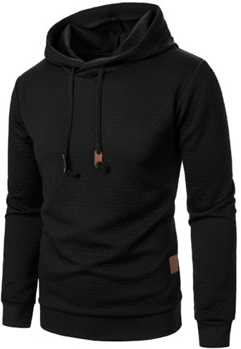 Huvtröja för män utan ficka, sweatshirt herr med huva, tröja smal passform, långärmad tröja, lätt gosig tröja, enfärgad tröja, mjuk tröja, stretch, arbetströja, svart, M