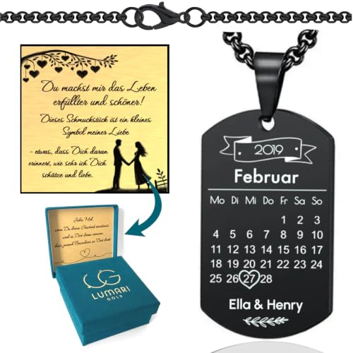 Lumari Gold Personalisierte Dog Tag, Gravur mit Jubiläumsdatum – Herren und Damen – Halsanhänger Halsketten mit Lasergravur, Edelstahl, 25x42 mm, 60 cm Geschenkidee Papa, Partner oder Freunde