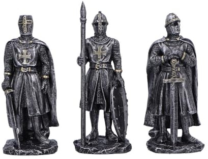Nemesis Now Ritter des Reiches, 3-teiliges Figuren-Set, Silber-Finish | Mittelalterliche Tempelritter, goldene Wappen, handbemalte Harzfiguren, Felssockel