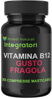 Vitamina B12 Gusto Fragola - 365 Compresse Masticabili da 1000 mcg - Cianocobalamina e Metilcobalamina - Energia - Sistema Immunitario - Contro la Stanchezza e l' Affaticamento