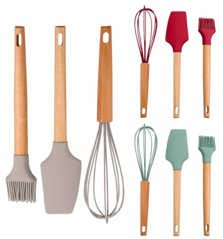 MA MAISON Set 3 Utensili in Silicone Manico in Legno per la Cucina - Frusta, Pennello e Spatola Adatti per la Preparazione di Pasti, Colazione, Pranzo e Cena - Colori Assortiti