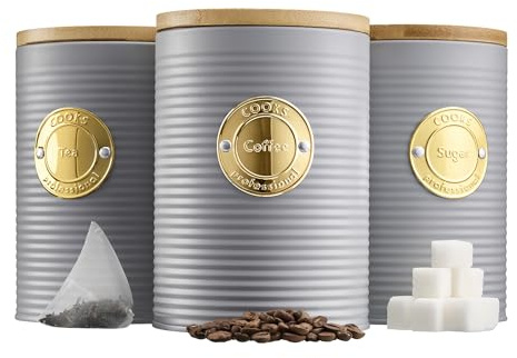 Cooks Professional 3 Piece Ribbed Tea, Coffee, & Sugar Cannisters with Air-Tight Bamboo Lids | Stainless Steel Kitchen Storage Bin Set | Modern & Stylish | Grey & Gold