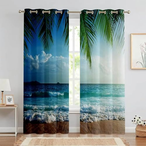 HNYDM 2 Stück Vorhänge mit 3D-Druck, Motiv: Blauer Himmel, Strand, Meer, Landschaft, Küche, Schlafzimmer, Wohnzimmer, Fensterdekoration WxH/2x80x170cm gardinen Blickdicht