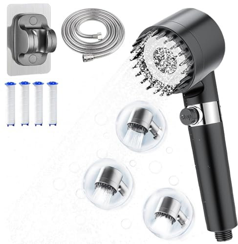 Soffione Doccia ad Alta Pressione con Tubo e Filtro a 15 Fasi, Anticalcare con Doccetta Regolabile a Risparmio d'Acqua, 3 + 1 Tipi di Getti