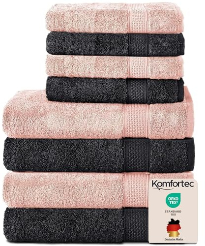 Komfortec 8er Handtücher Set, 4 Badetücher 70x140 cm & 4 Handtücher 50x100 cm, 100% Baumwolle Frottee, Flauschig und Saugstark,Schwarz/Rosa