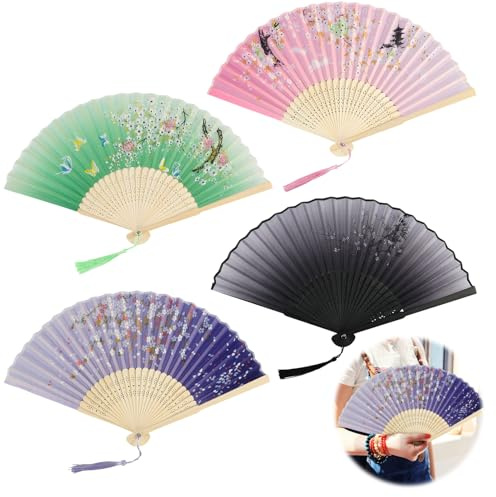 GodtKowty 4 Pack Handheld Folding Fans, Silk Fabric with Tassel, Hollow Carved Wooden Handle, Chinese/Japanese Style Hand Fans for Women, for Wedding, Party Decor, and Wall Decoration