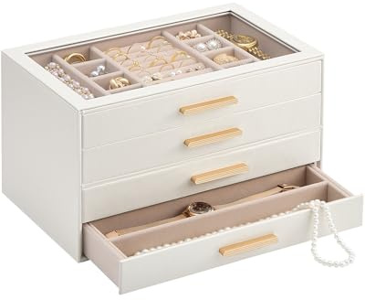 Lolalet Boîte à Bijoux 4 Niveaux, Grand Coffret de Rangement avec Couvercle Transparent, Multi-fonction pour Colliers, Bagues, Bracelets et Boucles d’Oreilles -Beige