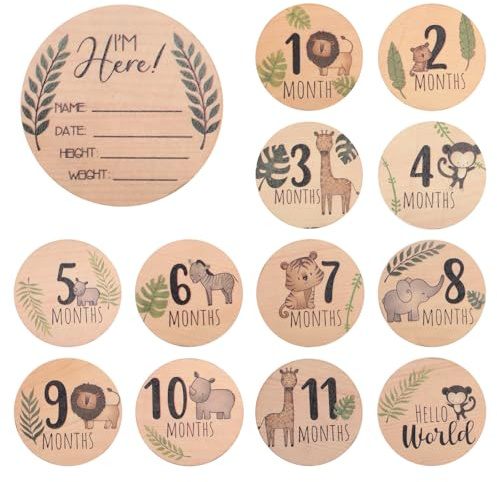 Heclia 7 PCS Baby Monthly Milestone Markers Disc, Wooden 3D Baby Birth Announcement Sign, Double Sided Animals Marker Hello World Milestone Sign, Newborn Photo Props Pregnancy and Babies Shower Gifts